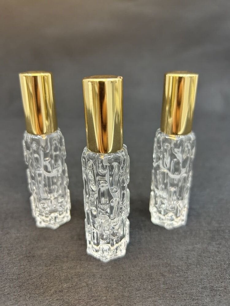 Desenli 10ml Sprey başlıklı cam şişe gold kapak (100 Adet)