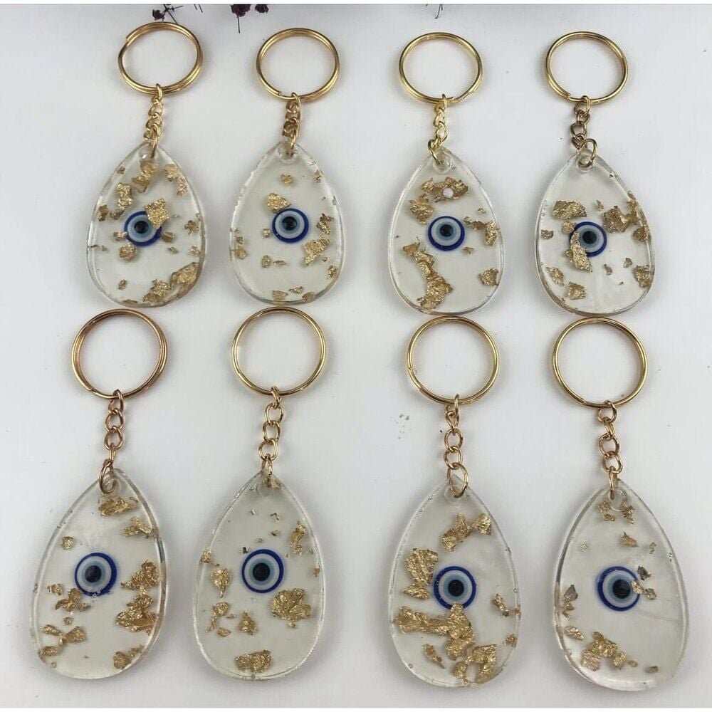 Damla Nazar Boncuklu Gold Epoksi Anahtarlık (100 Adet)