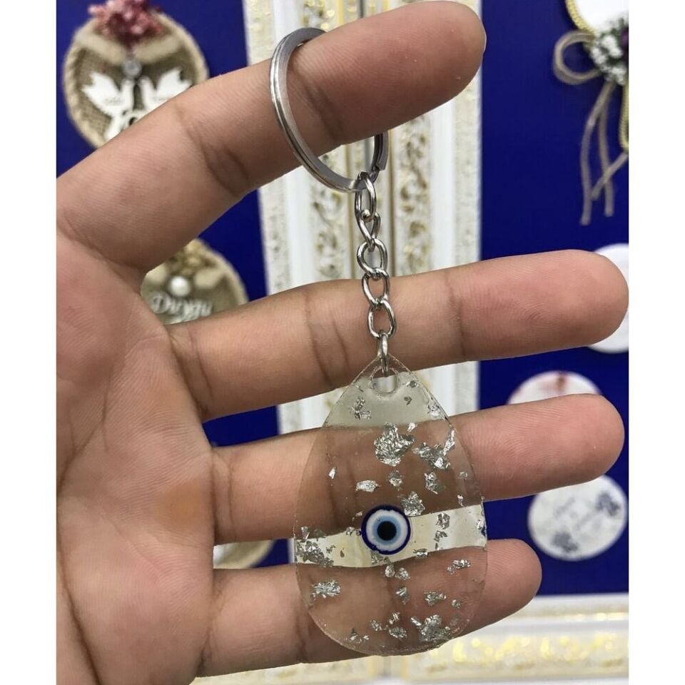 Damla Nazar Boncuklu Gümüş Epoksi Anahtarlık 100 Adet