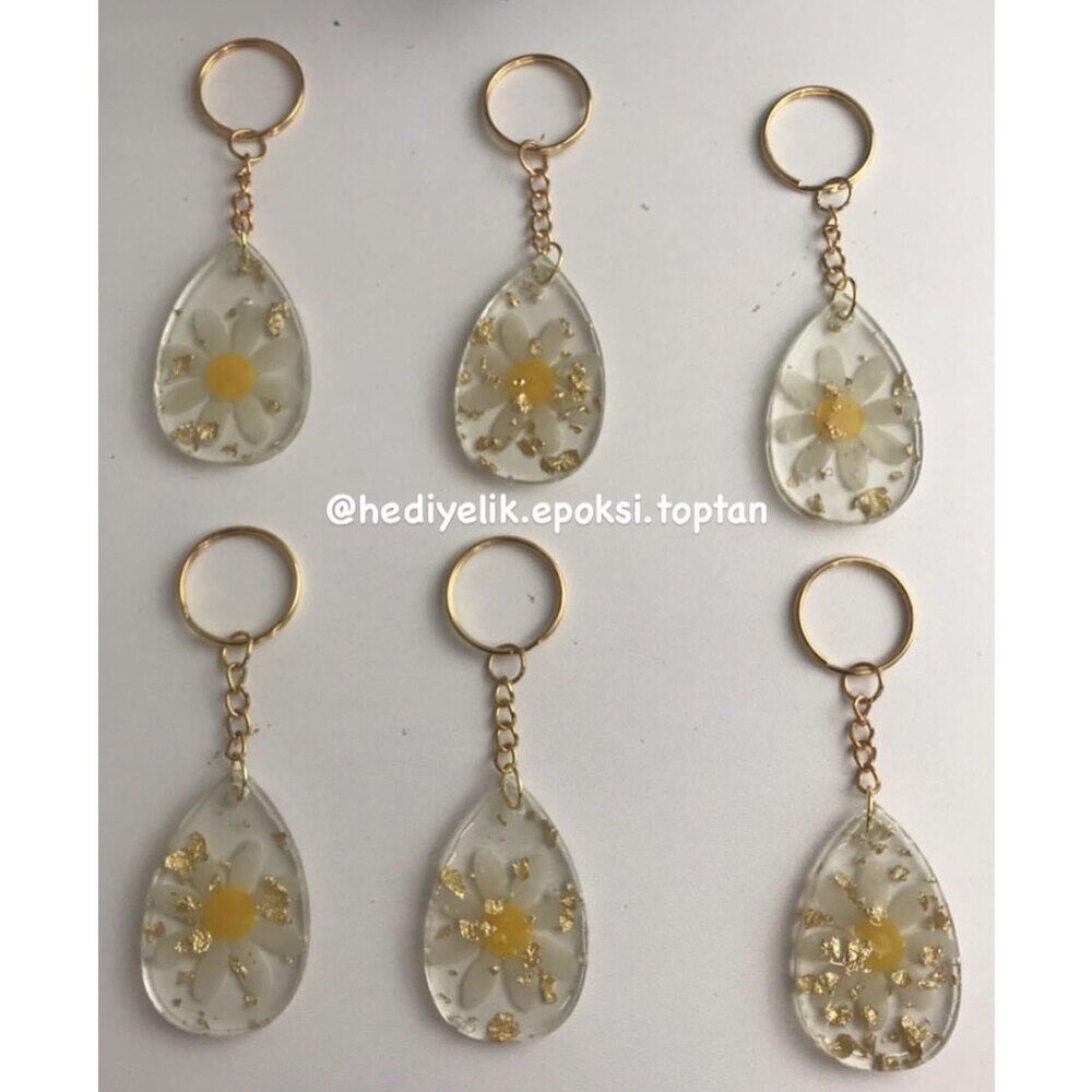 Papatyalı Gold Damla Model Epoksi Anahtarlık
