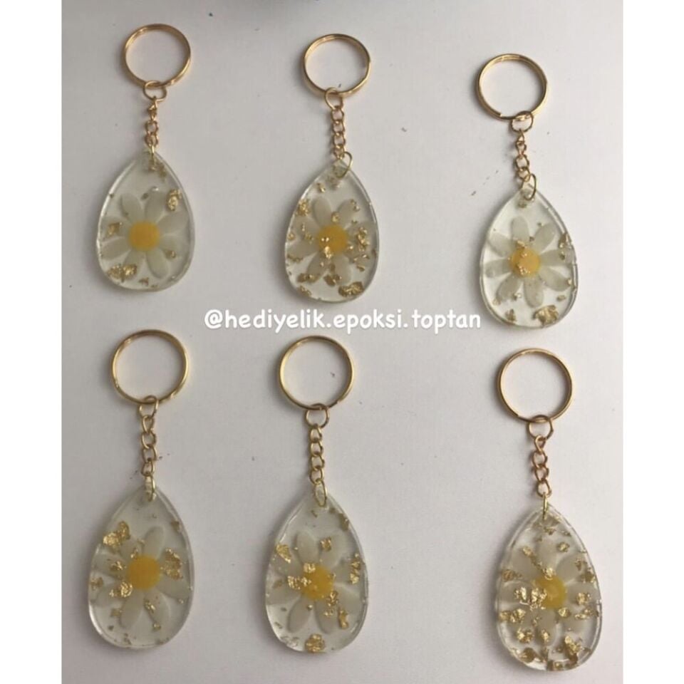 Papatyalı Gold Damla Model Epoksi Anahtarlık