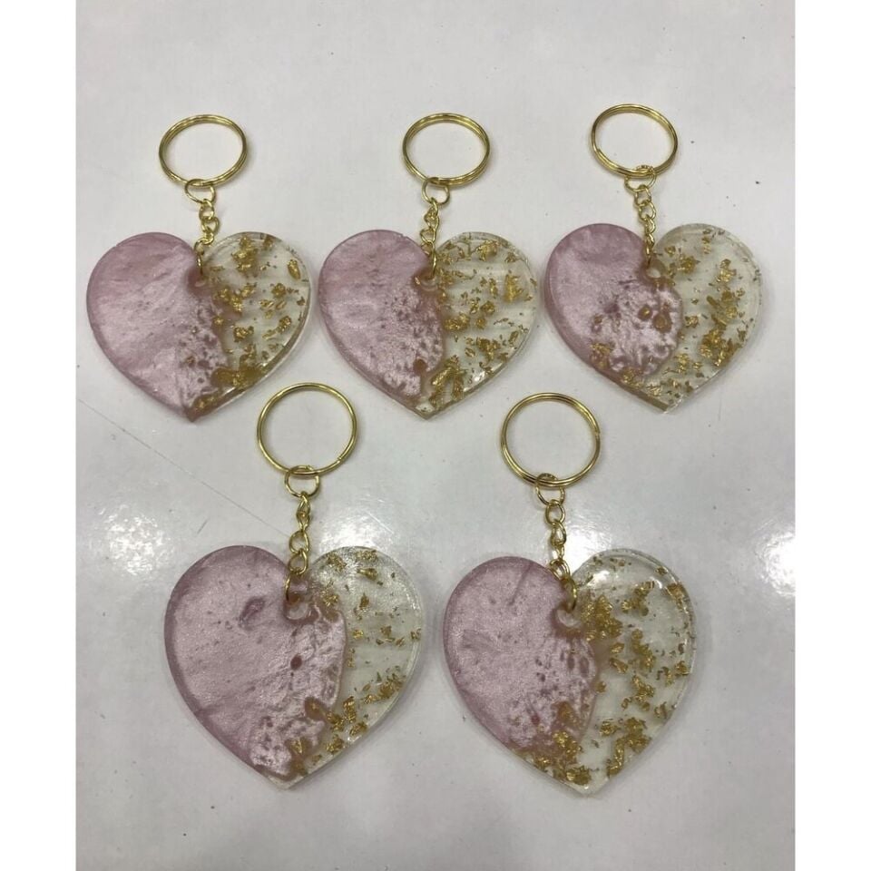 Pembe Renkli Gold Simli Kalpli Epoksi Anahtarlık (100 Adet)