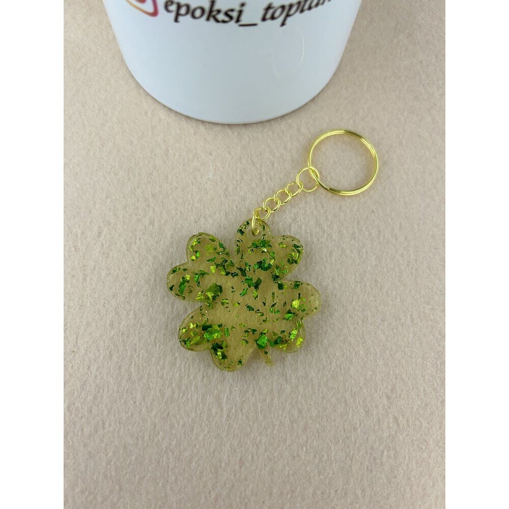 Yeşil Yaldızlı Yonca Model Epoksi Anahtarlık (100 Adet)