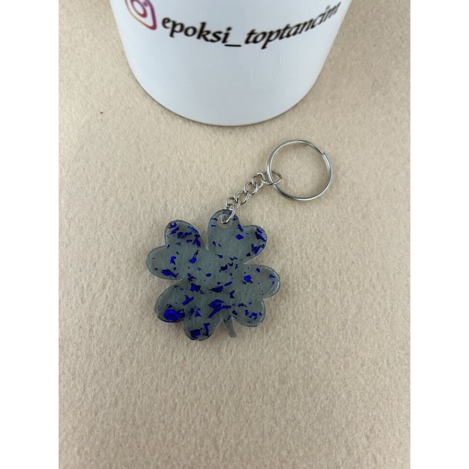 Lacivert Yaldızlı Yonca Model Epoksi Anahtarlık (100 Adet)