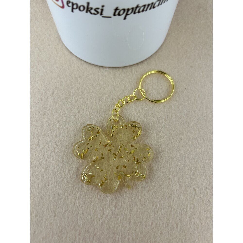 Gold Yaldızlı Yonca Epoksi Anahtarlık (100 Adet)