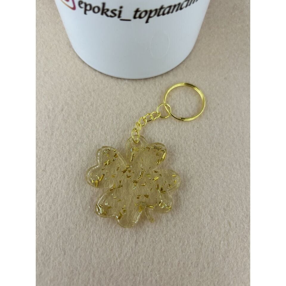 Gold Yaldızlı Yonca Epoksi Anahtarlık (100 Adet)