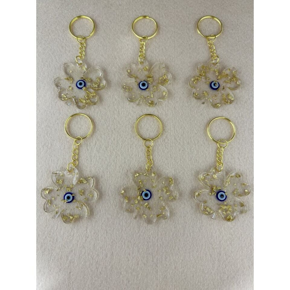 Nazar Boncuklu Gold Simli Yonca Anahtarlık (100 Adet)