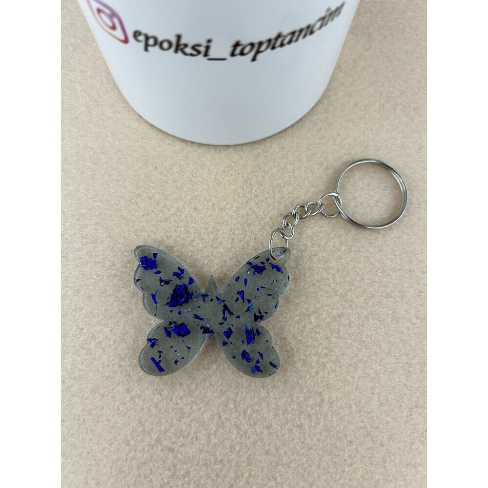 Lacivert Yaldızlı Kelebek Epoksi Anahtarlık (100 Adet)