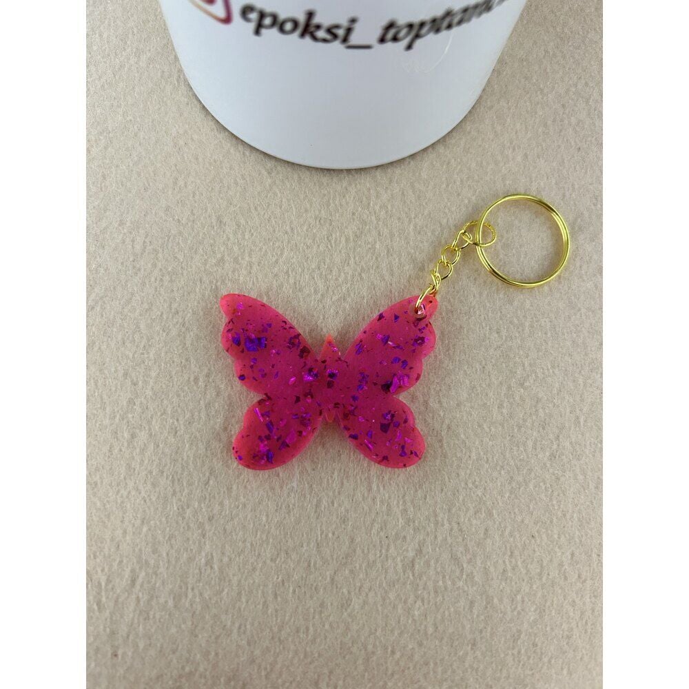 Pembe Yaldızlı Kelebek Epoksi Anahtarlık (100 Adet)