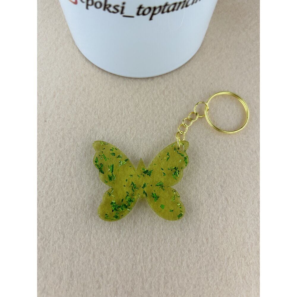 Yeşil Yaldızlı Kelebek Epoksi Anahtarlık (100 Adet)