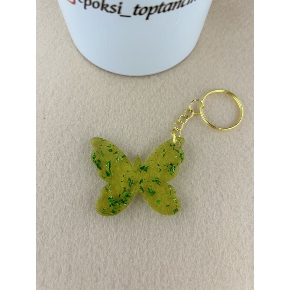 Yeşil Yaldızlı Kelebek Epoksi Anahtarlık (100 Adet)