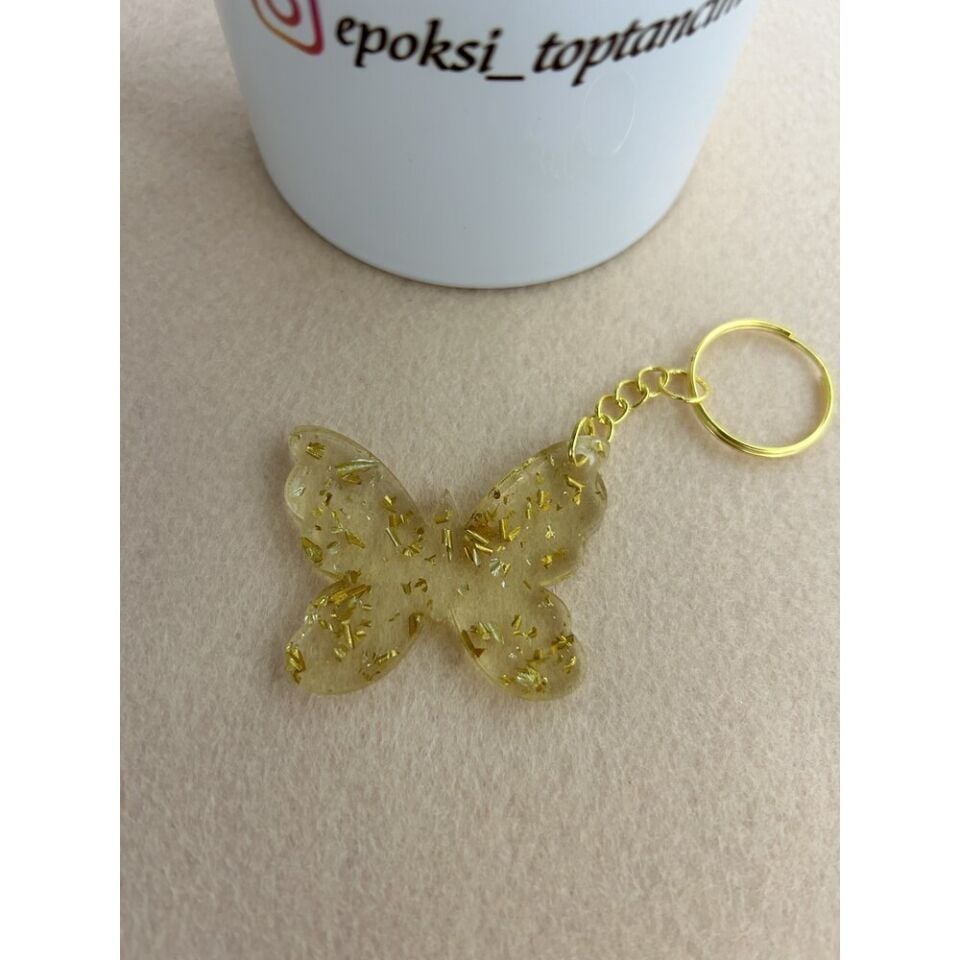Gold Yaldızlı Kelebek Epoksi Anahtarlık (100 Adet)