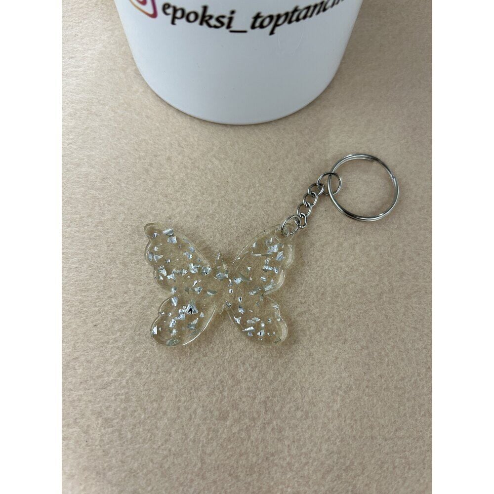 Gümüş Yaldızlı Kelebek Epoksi Anahtarlık (100 Adet)