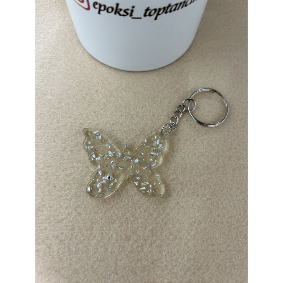 Gümüş Yaldızlı Kelebek Epoksi Anahtarlık (100 Adet)