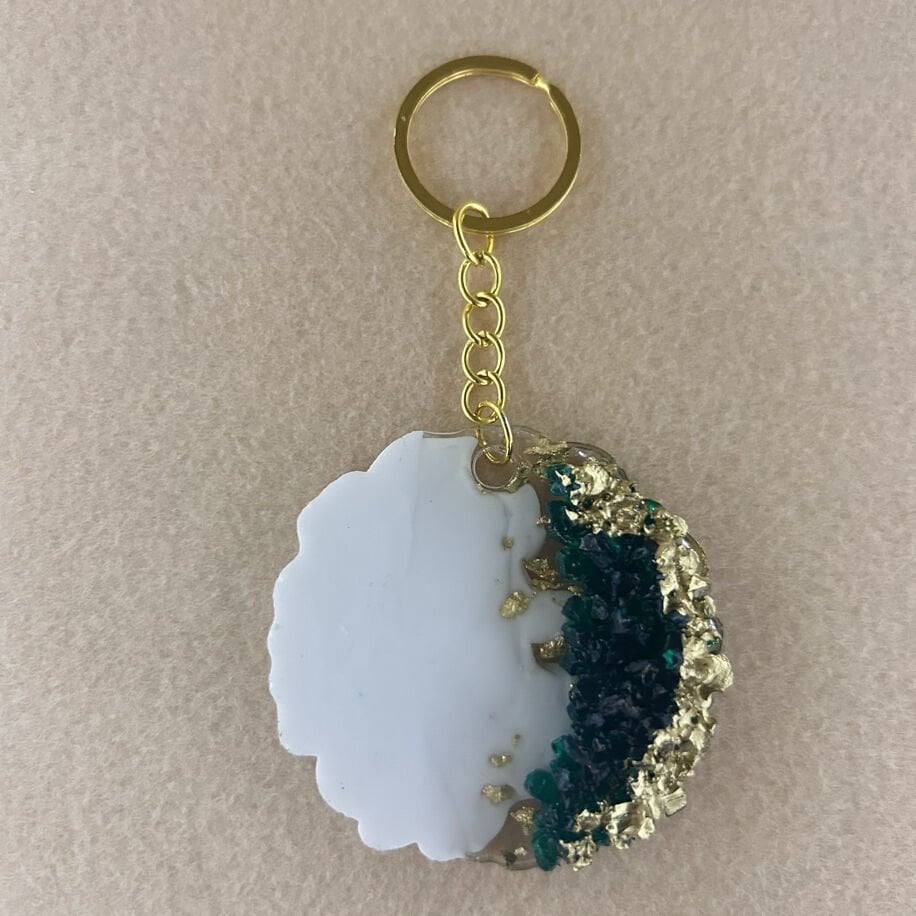 Tırtıklı Yeşil Taşlı Gold Simli Epoksi Anahtarlık (100 Adet)