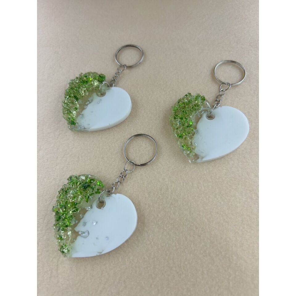 100 Adet Yeşil Taşlı Kalp Anahtarlık