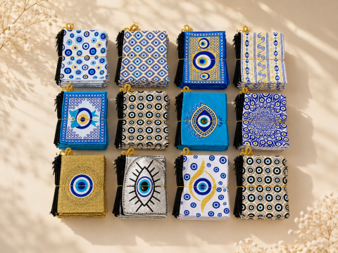 Nazar Boncuklu Karışık Etnik Desenli Cüzdan 15x10cm